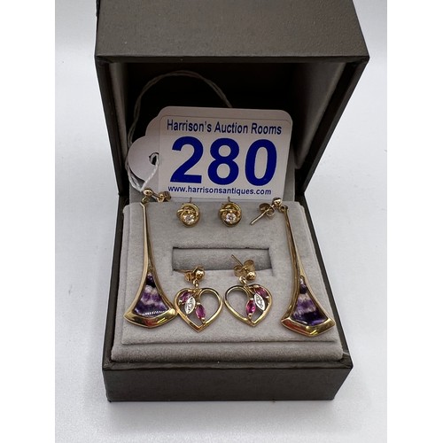 280 - 3 Pair 9ct gold Earrings 6.9g total