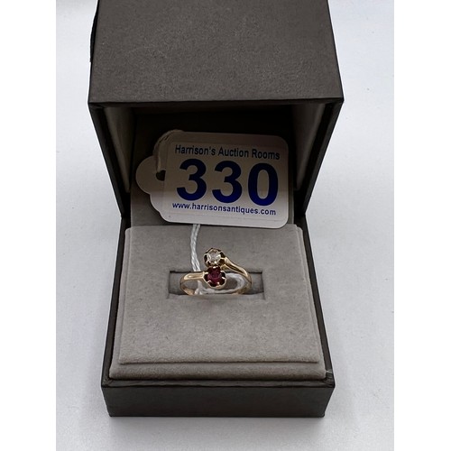 330 - 9ct Gold diamond & garnet ring size O 1.9g total