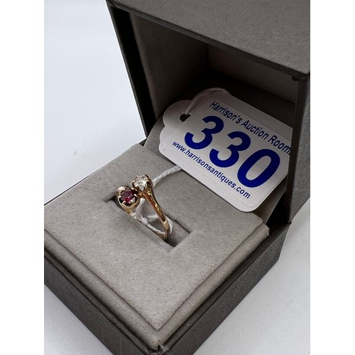 330 - 9ct Gold diamond & garnet ring size O 1.9g total