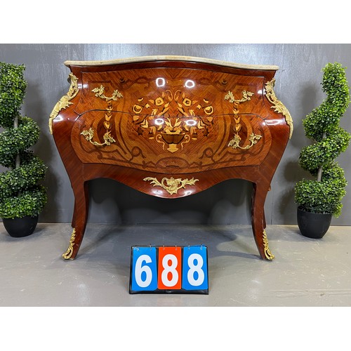 688 - French marble top chest of drawers marquetry inlaid (slight damage on wood)