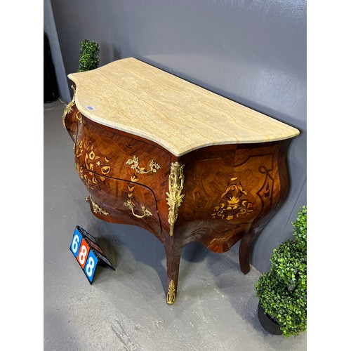 688 - French marble top chest of drawers marquetry inlaid (slight damage on wood)