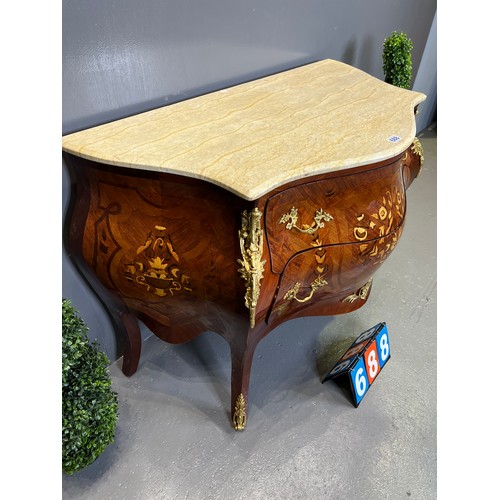 688 - French marble top chest of drawers marquetry inlaid (slight damage on wood)