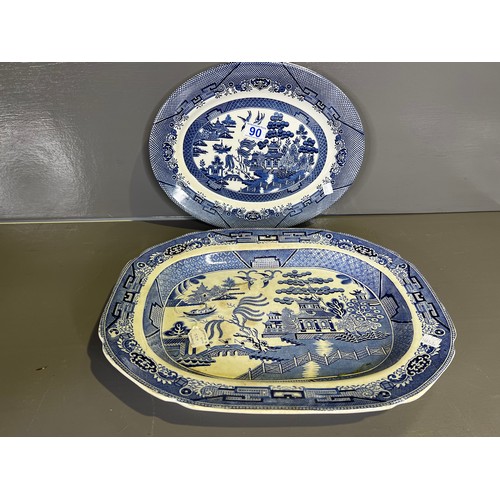 90 - 2 Blue/white willow pattern meat plates