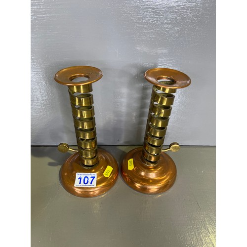 107 - Pair unusual brass/copper candle sticks