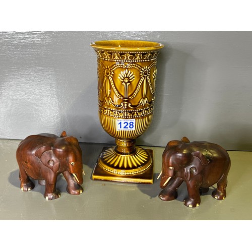 128 - Pair wooden elephants + large vase