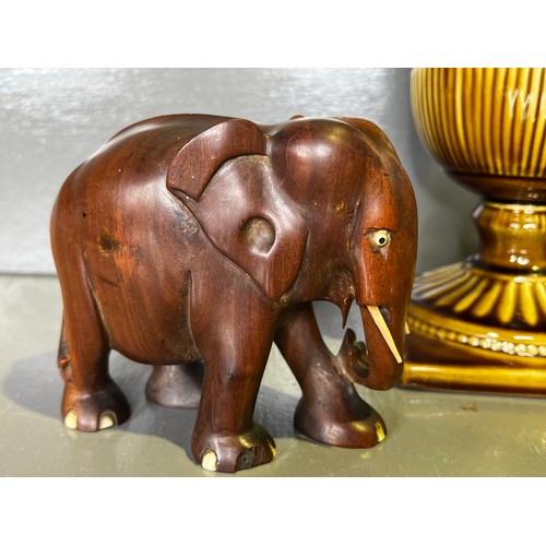 128 - Pair wooden elephants + large vase