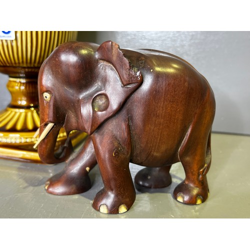 128 - Pair wooden elephants + large vase