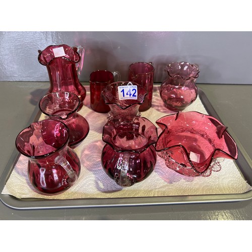 142 - 9 Pieces cranberry glass