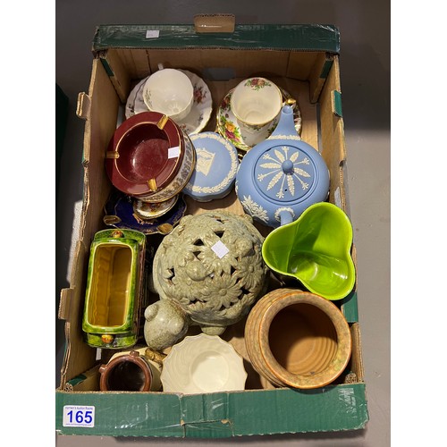 165 - Box pottery Wedgwood tea pot etc