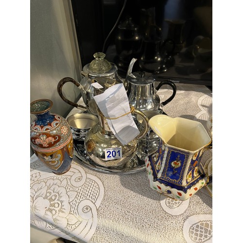 201 - Tea set on tray, classonie vase, royal Winton jug, lidded silver plate jug