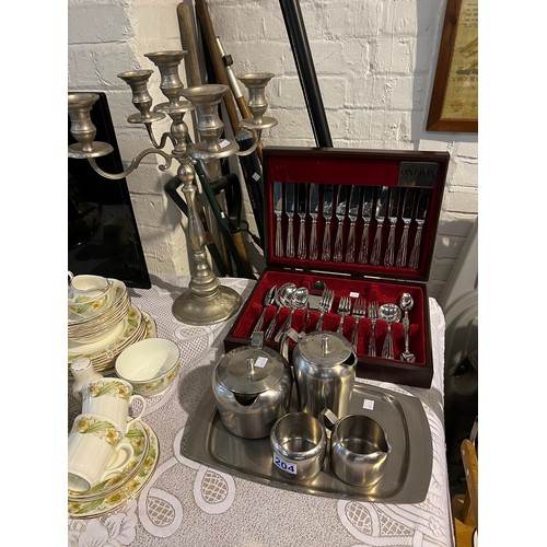 204 - Canteen cutlery 'Oneida' pattern large candelabra steel tea set