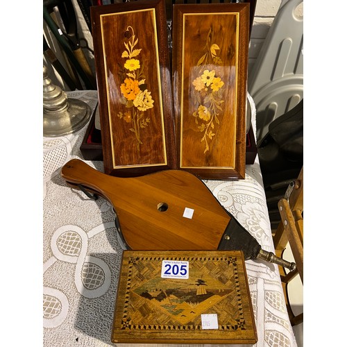 205 - Puzzle box, bellows, pair inlaid wall plaques