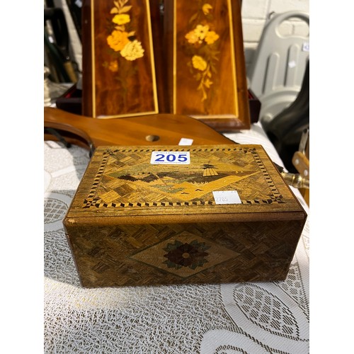 205 - Puzzle box, bellows, pair inlaid wall plaques