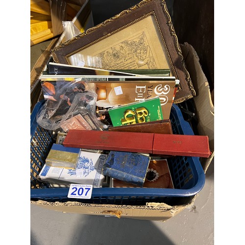 207 - Box misc collectables, harmonica, boxed slide rule etc