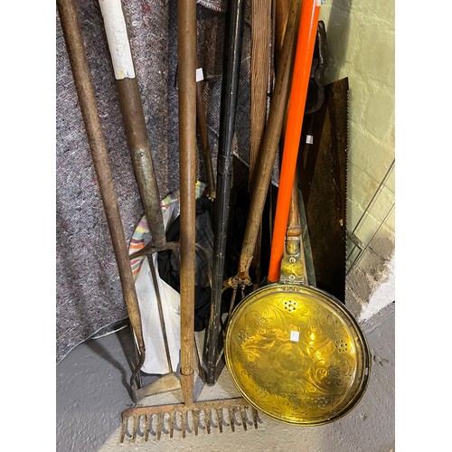 210 - Quantity garden tools + warming pan