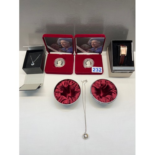 232 - 2 Silver pendants & chains M&S autograph ladies watch all boxed unused silver proof memorial crowns