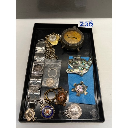 235 - Tray silver items etc inc voltmeter & silver medals