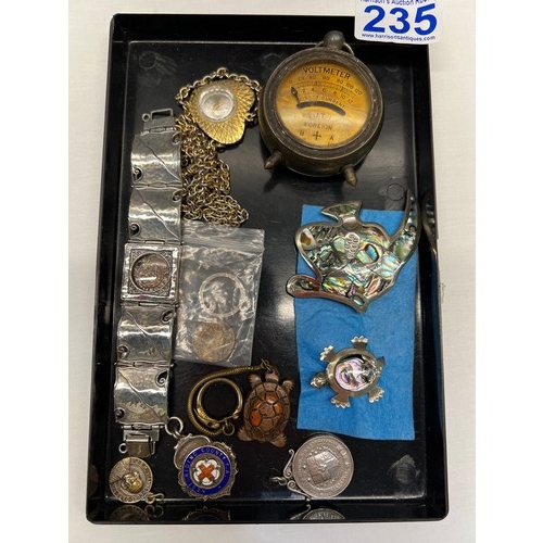 235 - Tray silver items etc inc voltmeter & silver medals