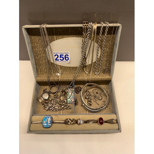 256 - Jewellery box with containing its of jewellery approximately 160 + grams of silver