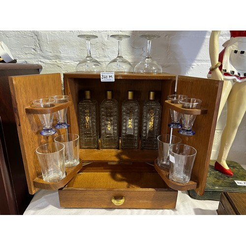 360m - Table top drinks cabinet with decanters & glasses inc 3 baby charm glasses