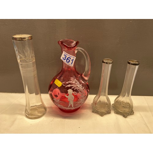 361 - Mary Gregory cranberry glass jug + 3 silver rimmed spill vases