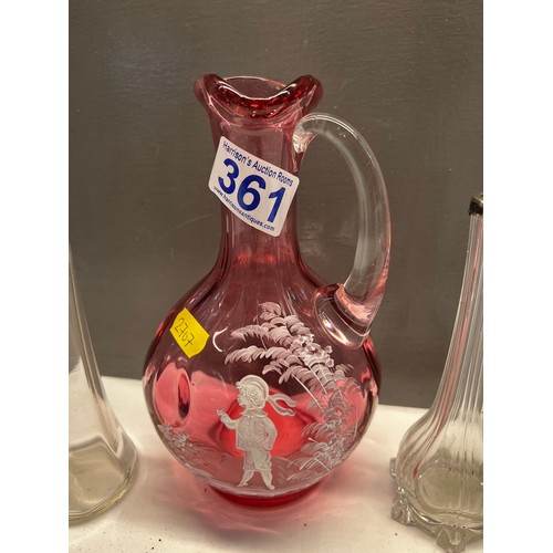 361 - Mary Gregory cranberry glass jug + 3 silver rimmed spill vases