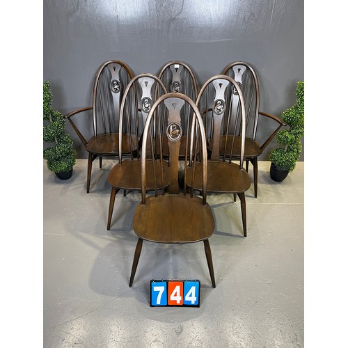 744 - Set of 6 ercol swan back chairs inc 2 carvers