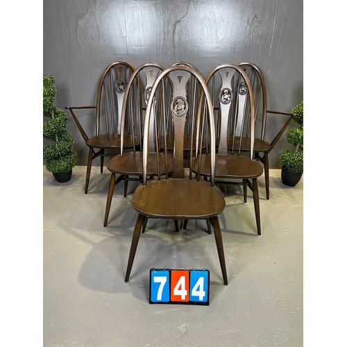 744 - Set of 6 ercol swan back chairs inc 2 carvers