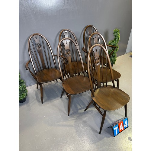 744 - Set of 6 ercol swan back chairs inc 2 carvers