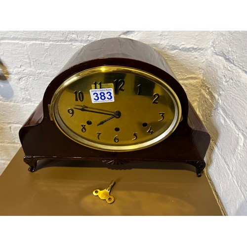 383 - Mantle clock with brass face + key