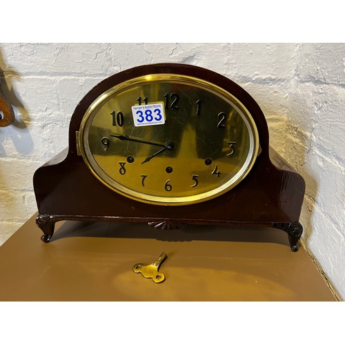 383 - Mantle clock with brass face + key