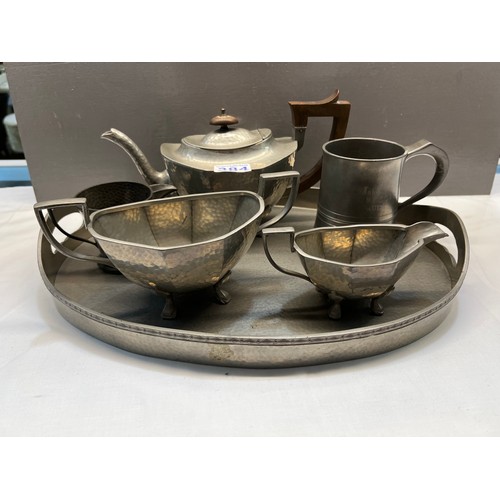 384 - Pewter tea set on tray