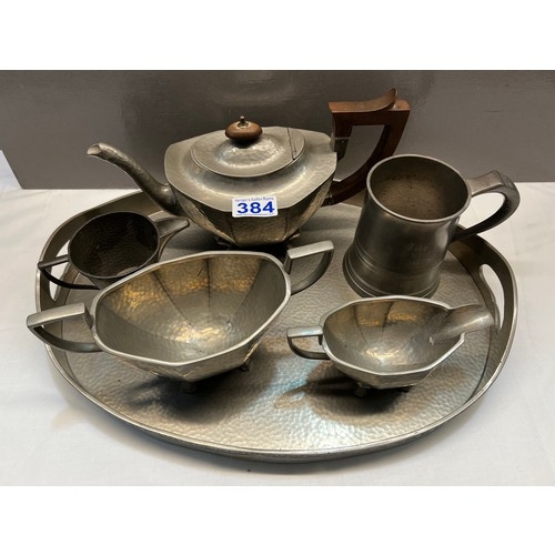 384 - Pewter tea set on tray