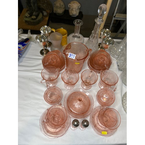 397 - Pink glass cups/ saucers salts/ pepper jug etc