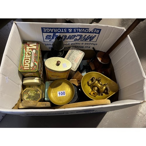 100 - Box old tins + weigh scales & weights