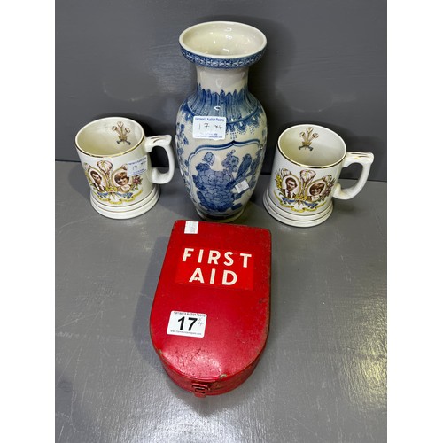 17 - Vintage first aid tin + vase + 2 royalty mug