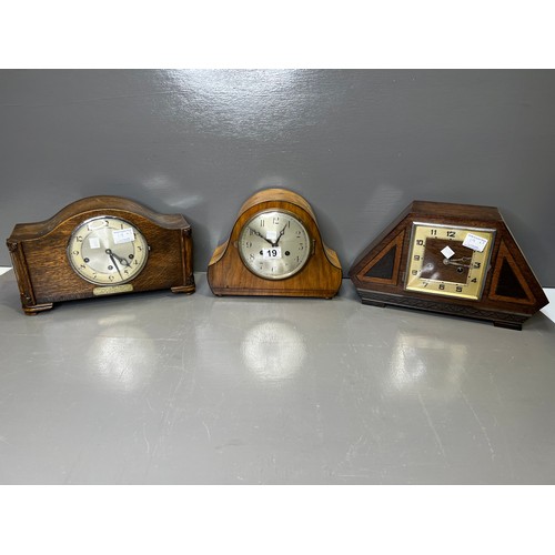 19 - 3 Mantle clocks inc Westminster chimes & art deco