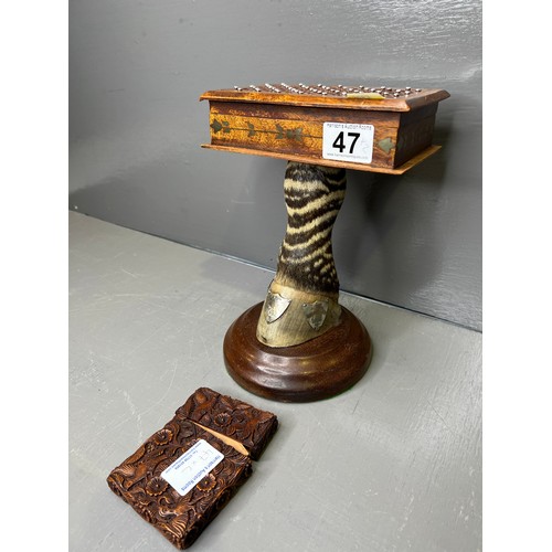 47 - C1900 carved box + early 20th century zebra hoof with silver badges