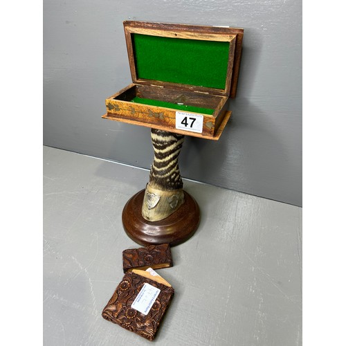 47 - C1900 carved box + early 20th century zebra hoof with silver badges