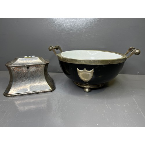 89 - Early 20th century Silver plated tea caddy (plate worn) + Silver plated trophy bowl with ceramic lin... 