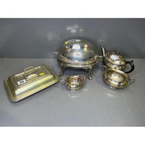 95 - Antique silver plate Entree serving Tureen + 3 piece tea set + Tureen