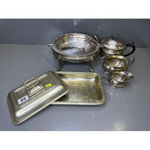 95 - Antique silver plate Entree serving Tureen + 3 piece tea set + Tureen