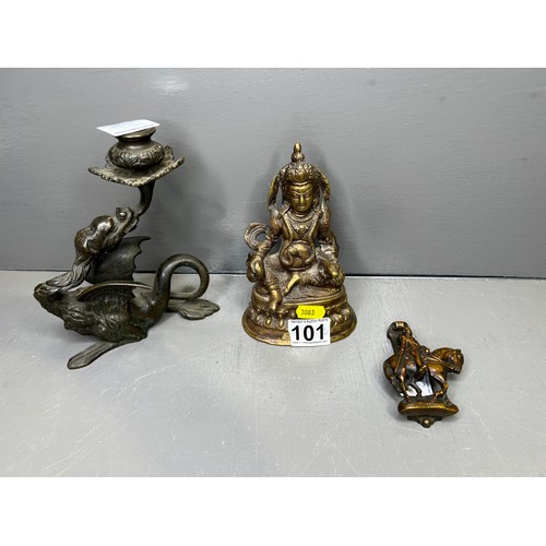 101 - Interesting Bronze ? Dragon candle stick + early Buddha figure + brass knocker