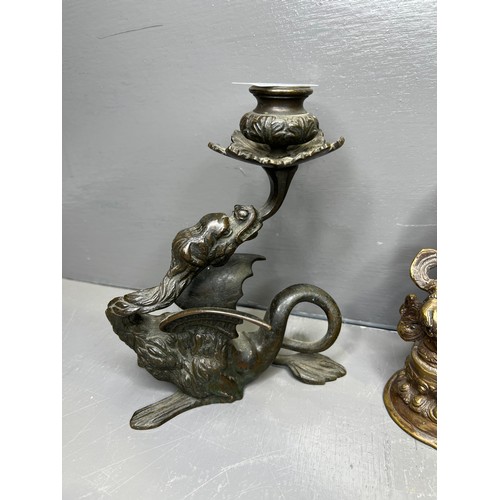 101 - Interesting Bronze ? Dragon candle stick + early Buddha figure + brass knocker