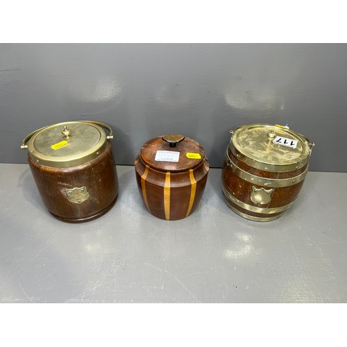 117 - 2 silver plated biscuit barrels with pot liners + treen lidded