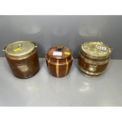 117 - 2 silver plated biscuit barrels with pot liners + treen lidded