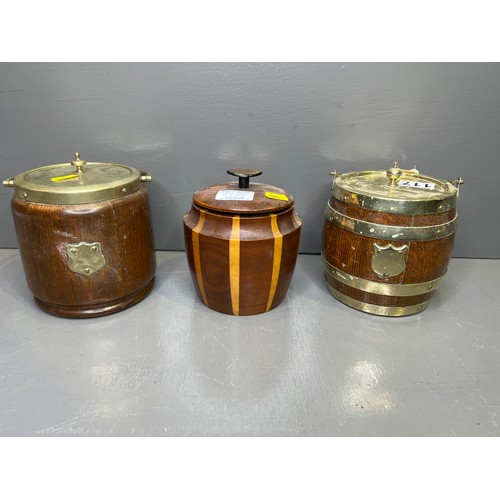 117 - 2 silver plated biscuit barrels with pot liners + treen lidded