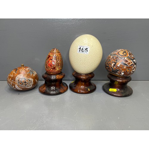 165 - 3 Display eggs on stands + lidded pot