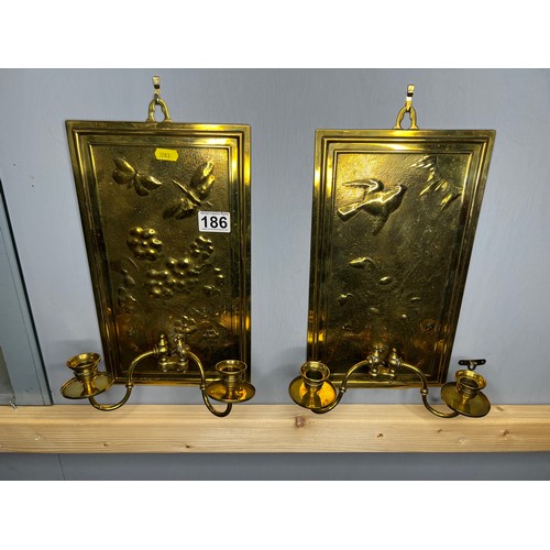 186 - Stunning pair of brass candle wall sconces (with embossed design)