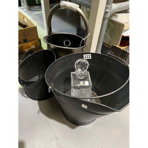 222 - 3 Coal buckets + glass decanter